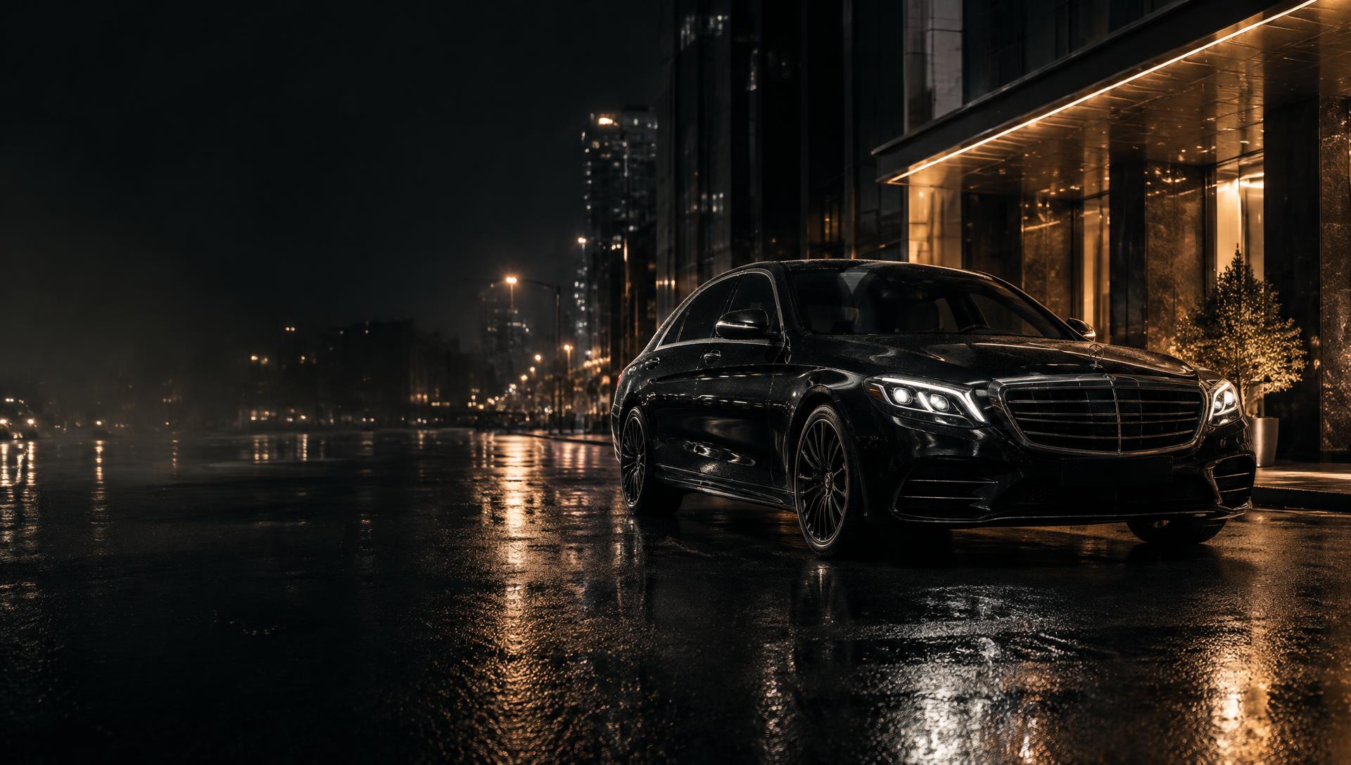 Black luxury sedan on a wet city street at night